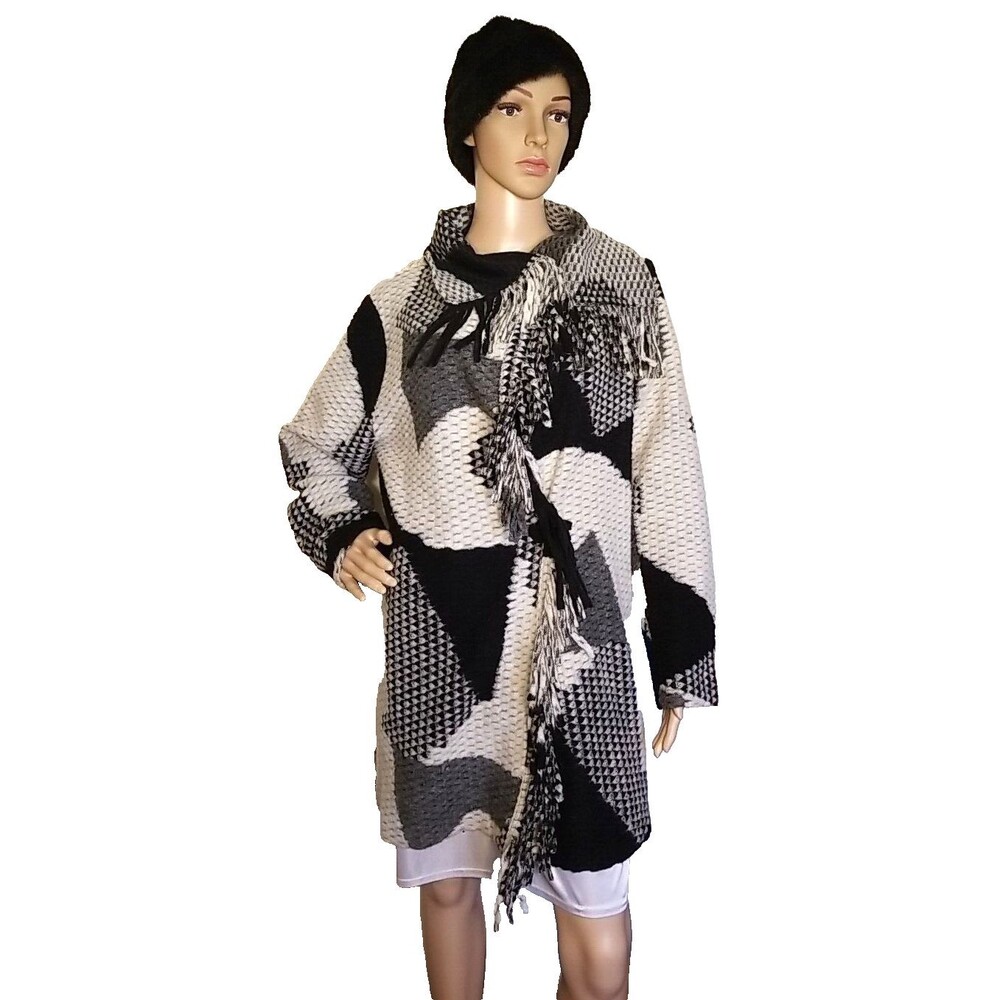 Icelandic Designs Long Cardigan Sweater Jacket L Fringe Black Gray Wool Blend